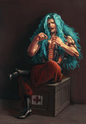 Rule 34 | 1boy, blue hair, glasgow smile, dreadlocks, heat (one piece), looking at viewer, lordofthepies, male focus, one piece, sewing, sitting, solo, stitches, tattoo, thread, vest