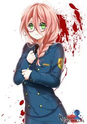 Rule 34 | 1girl, blood, blood splatter, bloody chronicles, copyright name, glasses, green eyes, logo, looking at viewer, michiko sazama, official art, parted lips, pink hair, police, police uniform, policewoman, side ponytail, solo, uniform