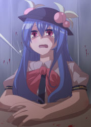 Rule 34 | 1girl, blood, blue hair, blush, female focus, food, fruit, hat, hinanawi tenshi, jeno, leaf, long hair, needle, open mouth, peach, puffy sleeves, red eyes, short sleeves, solo, touhou