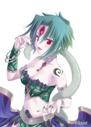 Rule 34 | 1girl, :d, basilisk (falkyrie no monshou), blush, breasts, falkyrie no monshou, fang, gem, green hair, jewelry, looking at viewer, lots of jewelry, nail polish, navel, open mouth, red eyes, short hair, simple background, smile, snake, solo, soukuu kizuna, watermark, white background
