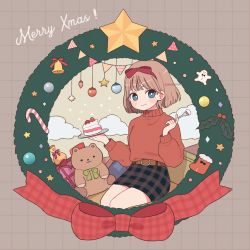 Rule 34 | 1girl, :3, bell, belt, blue eyes, box, bright pupils, brown hair, cake, checkered background, christmas, christmas ornaments, christmas wreath, cloud, emma (kumaema), food, fork, fruit, gift, gift box, hair ribbon, highres, holding, holding food, holding fork, long sleeves, looking at viewer, merry christmas, original, pencil skirt, plaid, plaid skirt, red ribbon, red sweater, ribbon, short hair, sitting, skirt, solo, star (symbol), strawberry, stuffed animal, stuffed toy, sweater, teddy bear, twitter username, white pupils, wreath