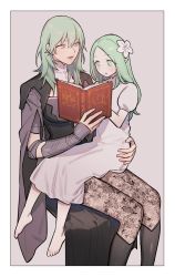 Rule 34 | 2girls, :o, aged down, barefoot, black footwear, black legwear, blush, book, boots, breasts, byleth (female) (fire emblem), byleth (fire emblem), child, dress, female focus, fire emblem, fire emblem: three houses, flower, garreg mach monastery uniform, green eyes, green hair, hair between eyes, hair flower, hair ornament, highres, holding, holding book, ikarin, knee boots, large breasts, long hair, matching hair/eyes, multiple girls, nintendo, pantyhose, parted lips, pointy ears, rhea (fire emblem), simple background, sitting, sitting on lap, sitting on person, white dress, white flower, wide sleeves