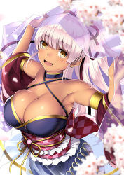 Rule 34 | 1girl, arms up, bare shoulders, blurry, blurry foreground, bow, breasts, checkered bow, checkered clothes, cherry blossoms, cleavage, criss-cross halter, dark-skinned female, dark skin, detached sleeves, dutch angle, flower knight girl, fujibakama (flower knight girl), hakama, hakama skirt, halterneck, highres, japanese clothes, kuromayu, large breasts, long hair, looking at viewer, open mouth, pink hair, ponytail, print hakama, skirt, solo, yellow eyes