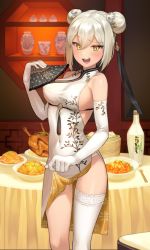 Rule 34 | 1girl, :d, bare shoulders, blonde hair, blush, bottle, bowl, breasts, chicken (food), china dress, chinese clothes, chopsticks, cona ember (jagaimo (kkamja)), covered erect nipples, double bun, dress, elbow gloves, floral print, food, gloves, hair between eyes, hair bun, hair ornament, hand fan, indoors, jagaimo (kkamja), looking at viewer, medium breasts, open mouth, original, panties, platinum blonde hair, sideboob, single thighhigh, smile, solo, standing, table, teeth, thighhighs, underwear, white gloves, white panties, white thighhighs, yellow eyes