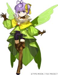 Rule 34 | 1girl, antenna hair, bare shoulders, black shorts, boots, breasts, brown footwear, brown gloves, detached collar, dress, fairy, fairy wings, fate/grand order, fate (series), full body, gloves, green dress, hair ribbon, long sleeves, looking at viewer, murian (fate), official art, purple eyes, purple hair, ribbon, short hair, shorts, small breasts, solo, thigh boots, thighhighs, transparent background, wada arco, wings, yellow ribbon