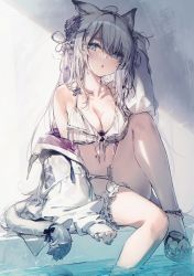 Rule 34 | 1girl, :o, ahoge, animal ears, bare shoulders, bikini, blue eyes, braid, breasts, cleavage, collarbone, flower, front-tie bikini top, front-tie top, grey hair, hair flower, hair ornament, halterneck, hand up, highres, jacket, knee up, large breasts, bridal garter, long hair, looking at viewer, navel, off shoulder, open clothes, open jacket, original, parted lips, sitting, slippers, solo, stomach, string bikini, swimsuit, tail, thighs, tiger ears, tiger girl, tiger tail, white jacket, yatsuha (hachiyoh)