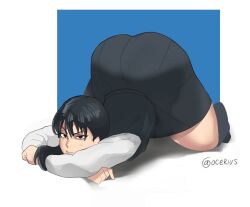 Rule 34 | 1girl, artist name, ass, ass focus, black eyes, black hair, chainsaw man, female focus, highres, huge ass, looking at viewer, mitaka asa, ocerius, simple background, skirt, sweat, tagme, thick thighs, thighs