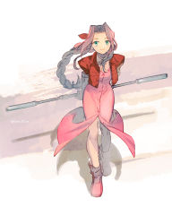 Rule 34 | 1girl, aerith gainsborough, arms behind back, boots, braid, braided ponytail, breasts, brown footwear, brown hair, buttons, center opening, choker, cropped jacket, dress, final fantasy, final fantasy vii, from above, full body, green eyes, hair ribbon, holding, holding staff, jacket, long dress, long hair, looking at viewer, medium breasts, parted bangs, pink dress, puffy short sleeves, puffy sleeves, red jacket, red ribbon, ribbon, ribbon choker, short sleeves, sidelocks, sketch, small breasts, smile, solo, staff, taa (acid), walking