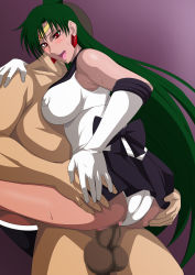 Rule 34 | 1boy, ass grab, bishoujo senshi sailor moon, blush, breasts, censored, clothed female nude male, clothing aside, dark skin, elbow gloves, gloves, green hair, hand on ass, highres, leg lock, lime (purple haze), meiou setsuna, mosaic censoring, nude, open mouth, panties, panties aside, red eyes, sailor pluto, suspended congress, sweat, underwear, vaginal, white panties