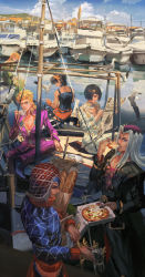 Rule 34 | 6+boys, argyle, argyle clothes, argyle sweater, baguette, bare arms, bare shoulders, bird, black hair, blonde hair, blue eyes, boat, bread, brown hair, bruno bucciarati, closed mouth, cloud, cloudy sky, coat, cup, day, fingernails, fisheye, fishing rod, food, giorno giovanna, guido mista, gun, hair ornament, hairband, hand up, handgun, hands up, hat, highres, holding, holding cup, holding food, holding gun, holding newspaper, holding weapon, jacket, jojo no kimyou na bouken, knife, leone abbacchio, lips, lipstick, long hair, long sleeves, looking at viewer, looking back, makeup, male focus, medium hair, money, motor vehicle, multiple boys, nail polish, narancia ghirga, newspaper, ocean, open mouth, outdoors, pannacotta fugo, pants, pectorals, pizza, pizza box, purple eyes, reading, revolver, seagull, sex pistols (stand), shoes, short hair, sky, stand (jojo), stu dts, sweater, vento aureo, water, watercraft, weapon