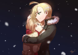 Rule 34 | 1boy, 1girl, alternate costume, bad id, bad pixiv id, blonde hair, blush, closed eyes, coat, couple, creatures (company), dark, earrings, game freak, gladion (pokemon), green eyes, hand on another&#039;s chest, hand on another&#039;s head, happy, head on chest, highres, hug, jewelry, light brown hair, looking down, night, nintendo, pokemon, pokemon sm, rupinesu, scarf, selene (pokemon), signature, smile, snow, stud earrings, winter clothes, winter coat