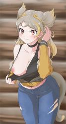 Rule 34 | 1girl, absurdres, black camisole, black choker, black hair, blush, breasts, camisole, choker, closed mouth, clothes pull, collarbone, denim, earrings, flashing, grey hair, hand up, highres, hoop earrings, jacket, jeans, jewelry, kemono friends, kyonin dofu, large breasts, leaning forward, long hair, long sleeves, looking at viewer, midriff, monkey tail, multicolored eyes, multicolored hair, navel, nipples, no bra, off shoulder, pants, partially unzipped, pulled by self, red eyes, smile, solo, son goku (kemono friends), stomach, tail, thigh gap, torn clothes, torn jeans, torn pants, two-tone hair, wooden wall, yellow eyes, zipper
