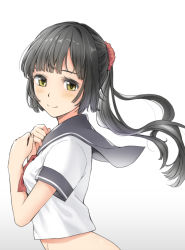 Rule 34 | 1girl, bad id, bad pixiv id, black hair, blouse, blush, bottomless, breasts, closed mouth, floating hair, from side, gradient background, gradient hair, green eyes, grey background, hair ornament, hair scrunchie, hands on own chest, hands up, light smile, long hair, looking at viewer, multicolored hair, original, ponytail, scrunchie, shirt, short sleeves, small breasts, smile, solo, white background, white shirt, yoropa