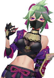 Rule 34 | 1girl, absurdres, bare shoulders, black gloves, black shirt, blush, breasts, commentary, crop top, cropped jacket, genshin impact, gloves, green hair, hair between eyes, hand up, highres, jacket, kuki shinobu, long sleeves, looking at viewer, mask, medium breasts, midriff, mouth mask, nail polish, navel, off shoulder, open clothes, open jacket, purple eyes, purple jacket, purple nails, shirt, short hair, simple background, sleeveless, sleeveless shirt, solo, stomach, upper body, white background, yamabuki7979