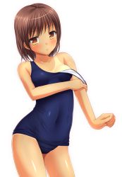 Rule 34 | 1girl, brown eyes, brown hair, clothes pull, ki (kk-sk-ray), old school swimsuit, one-piece swimsuit, one-piece swimsuit pull, one-piece tan, original, school swimsuit, short hair, simple background, solo, swimsuit, tan, tanline