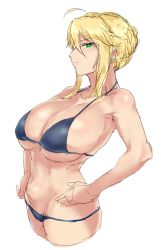 Rule 34 | 1girl, ahoge, artoria pendragon (fate), artoria pendragon (lancer) (fate), bikini, blonde hair, blue bikini, braid, breasts, cleavage, fate/grand order, fate (series), french braid, green eyes, hands on own hips, highres, hometa, large breasts, looking at viewer, navel, simple background, sketch, solo, swimsuit, white background