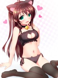 Rule 34 | 1girl, animal ears, arm support, bad id, bad pixiv id, bell, black thighhighs, blush, bra, breasts, brown hair, cat cutout, cat ear panties, cat ears, cat lingerie, choker, cleavage, cleavage cutout, clothing cutout, green eyes, jingle bell, long hair, looking at viewer, meme attire, navel, open mouth, panties, shiny skin, side-tie panties, sitting, smile, solo, tamasaka makoto, thighhighs, tokyo 7th sisters, totokichi, underwear, underwear only, very long hair, wariza