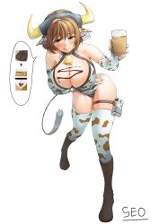 Rule 34 | 1girl, :p, animal ears, bell, blush, boots, breasts, brown eyes, brown hair, cleavage, coffee milk, collar, cow ears, cow girl, cow horns, ear tag, elbow gloves, glass, gloves, highres, horns, korean text, large breasts, last origin, leotard, looking at viewer, milk, neck bell, seo (tqhgud016), short hair, signature, simple background, solo, spoken food, brownie (last origin), thighhighs, tongue, tongue out, white background
