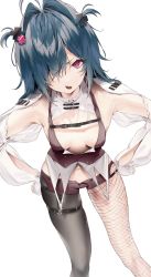 Rule 34 | 1girl, angry, belt, blue hair, breasts, cleavage, commentary, cropped shirt, hair ornament, hair over one eye, harui (hr x9 ), highres, legwear garter, looking at viewer, medium hair, mole, mole under eye, navel, open mouth, original, red eyes, short shorts, shorts, shrug (clothing), simple background, single fishnet legwear, single leg pantyhose, small breasts, solo, symbol-only commentary