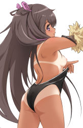 Rule 34 | 1girl, ass, breasts, brown hair, fishnets, from behind, hair ribbon, highres, k-go, leotard, leotard pull, long hair, looking at viewer, looking back, mizuki yukikaze, nipples, one-piece tan, purple eyes, ribbon, simple background, small breasts, solo, standing, taimanin (series), taimanin suit, taimanin yukikaze, tan, tanline, two side up, white background