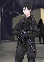 Rule 34 | 1girl, 1other, black eyes, black gloves, black hair, black jacket, black pants, call of duty, call of duty 4, cigarette, closed mouth, commentary, gas mask, gloves, gun, h&amp;k mp5, heckler &amp; koch, highres, holding, holding gun, holding mask, holding weapon, indoors, jacket, long sleeves, looking at viewer, mask, military, nguyen tam lee, original, pants, short hair, smoking, solo, standing, submachine gun, suppressor, tactical clothes, weapon