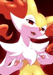 Rule 34 | 1girl, animal ears, biidama, blush, braixen, breast hold, breasts, creatures (company), fangs, female focus, fox ears, furry, furry female, game freak, gen 6 pokemon, hands up, highres, long nipples, navel, nintendo, nipples, open mouth, pokemon, pokemon (creature), pokemon xy, red background, red eyes, simple background, small breasts, smile, solo, teeth, upper body