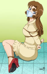 Rule 34 | 1girl, absurdres, ass, bdsm, blue eyes, blush, body blush, bondage, bound, bound ankles, bound wrists, breasts, brown hair, cloth gag, gag, gagged, high heels, highres, improvised gag, kudou yukiko, looking at viewer, meitantei conan, mature female, over the nose gag, rope, shadow xcp, sideboob