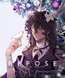 Rule 34 | 1boy, antlers, arm tattoo, artist name, bare shoulders, bird, bird on hand, bishounen, blue flower, brown hair, closed mouth, collared shirt, collared vest, commentary, cross, cross earrings, earrings, english commentary, english text, expressionless, floral background, flower, grey armband, hair flower, hair ornament, hen-tie, highres, horns, java sparrow, jewelry, leaf tattoo, long hair, looking at another, loose hair strand, male focus, morning glory, neck ribbon, necktie, original, purple eyes, purple flower, purple necktie, purple ribbon, ribbon, samil (hen-tie), shirt, silver trim, sleeveless, sleeveless shirt, tattoo, thick eyebrows, upper body, vest, watermark, white background, white flower, white java sparrow, white shirt