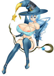 Rule 34 | 1girl, bad id, blue eyes, blue hair, bluespice, breasts, hat, highres, huge breasts, large areolae, long hair, nail polish, original, solo, staff, witch hat