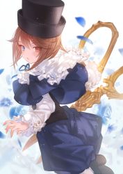 Rule 34 | 1girl, brown hair, capelet, frills, green eyes, hat, heterochromia, highres, long sleeves, looking at viewer, looking back, makai no juumin, open mouth, petals, red eyes, rozen maiden, scissors, short hair, solo, souseiseki