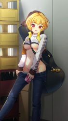 Rule 34 | 1girl, :d, between breasts, black pants, blonde hair, bra, bra lift, breasts, cellphone, clothes lift, clothes pull, convenient arm, denim, doukyuusei another world, game cg, grey bra, guitar case, holding, holding phone, horiide mika, indoors, instrument case, kakyuusei 2, long sleeves, looking at viewer, medium breasts, navel, official art, open mouth, open pants, panties, pants, pants pull, panty pull, phone, red eyes, short hair, smartphone, smile, solo, standing, strap between breasts, sweater, sweater lift, underboob, underwear, white sweater