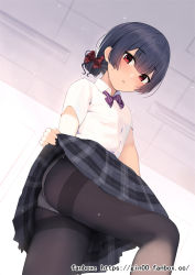 Rule 34 | 1girl, :o, ass, black pantyhose, black skirt, blush, bow, bowtie, ceiling, clothes lift, collared shirt, commentary request, dress shirt, from below, gin00, hair bow, hair bun, highres, idolmaster, idolmaster shiny colors, indoors, lifted by self, looking at viewer, looking down, morino rinze, panties, panties under pantyhose, pantyhose, parted lips, plaid, plaid skirt, purple bow, purple bowtie, red bow, red eyes, school uniform, shirt, short hair, short sleeves, single hair bun, skirt, skirt lift, solo, striped bow, striped bowtie, striped clothes, striped neckwear, thighband pantyhose, underwear, upskirt, watermark, web address, white panties
