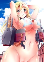 Rule 34 | 10s, 1girl, armpits, arms up, atago (kancolle), bad id, bad pixiv id, bare shoulders, bikini, blonde hair, blush, bottomless, breasts, covered erect nipples, curvy, female focus, hat, huge breasts, kantai collection, large breasts, long hair, looking at viewer, navel, neet co., nipples, plump, smile, solo, swimsuit, wide hips