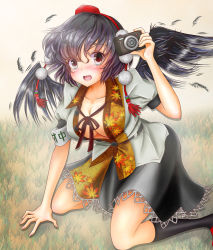 Rule 34 | 1girl, 774r, all fours, belt, bird wings, black hair, blouse, blush, breasts, camera, cleavage, feathers, grass, hat, kneehighs, large breasts, leaf print, looking at viewer, motion lines, open clothes, open mouth, open shirt, pink background, pom pom (clothes), red eyes, ribbon, shameimaru aya, shirt, short hair, short sleeves, skirt, socks, solo, tears, tokin hat, touhou, wings