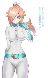 Rule 34 | 1girl, alternate costume, alternate hairstyle, bad id, bad pixiv id, belt, biker clothes, biker rosalina, bikesuit, blonde hair, blue belt, blue eyes, blue gloves, blue scarf, bodysuit, breasts, covered navel, crown, curvy, earrings, emblem, female focus, gem, gloves, hair over one eye, impossible clothes, jewelry, mario (series), mario kart, mario kart wii, medium breasts, nintendo, ponytail, racing suit, rosalina, scarf, simple background, skin tight, skinny, solo, standing, thick thighs, thighs, translated, white background, wide hips, zabumaku