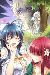 Rule 34 | 3girls, ahoge, blonde hair, blue hair, blunt bangs, blush, bow, breasts, cleavage, closed eyes, collarbone, crying, crying with eyes open, detached sleeves, envy lady, flower, grin, hair bow, hair flower, hair ornament, hair over eyes, hair over one eye, hat, heart, impossible clothes, long hair, lowres, m-ca, mca (dessert candy), multiple girls, open mouth, pink eyes, purple eyes, red hair, ribbon, shaded face, smile, sweatdrop, sword girls, tears, tomo, tree, very long hair