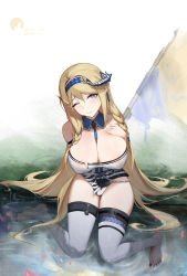 Rule 34 | 1girl, arknights, bare shoulders, blonde hair, blue eyes, blue hairband, blue necktie, blush, bottomless, braid, breasts, cleavage, closed mouth, covered erect nipples, crying, crying with eyes open, detached collar, dragon horns, female masturbation, flag, full body, gloves, hairband, hand on own chest, heart, heart-shaped pupils, highres, horns, large breasts, long hair, looking at viewer, masturbation, nail polish, necktie, no shoes, petals, pointy ears, red nails, saileach (arknights), sawaki ken, single glove, skindentation, soaking feet, solo, stirrup legwear, symbol-shaped pupils, tears, thighhighs, toeless legwear, toenail polish, toenails, twin braids, very long hair, water, white gloves, white thighhighs