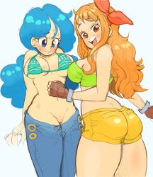 Rule 34 | 2girls, arms at sides, ass, bikini, bikini top only, blue eyes, blue hair, blush, breasts, cleavage, clothes pull, crossover, denim, dragon ball, dragon ball (classic), embarrassed, female focus, from behind, gloves, green tank top, groin, hair ribbon, happy, highres, jeans, large breasts, legs, long hair, looking at viewer, lunch (dragon ball), midriff, multiple girls, nami (one piece), no panties, no pussy, one piece, open mouth, orange eyes, orange hair, pants, pants pull, red ribbon, revealing clothes, ribbon, short shorts, shorts, sideboob, simple background, smile, standing, swimsuit, tank top, thighs, wardrobe malfunction, wavy hair, white background, yuri