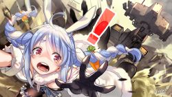 Rule 34 | !, 1girl, ahoge, animal ear fluff, animal ears, artist name, black gloves, black leotard, blue hair, braid, breasts, bridal garter, carrot hair ornament, cleavage, commentary, crossover, crying, crying with eyes open, debris, dress, dust, dust cloud, fleeing, food-themed hair ornament, fur-trimmed dress, fur-trimmed gloves, fur scarf, fur trim, gekko (metal gear), gloves, hair between eyes, hair ornament, hikosan, hololive, leotard, light blue hair, long hair, mecha, medium breasts, metal gear (series), metal gear solid 4: guns of the patriots, motion blur, multicolored hair, off-shoulder dress, off shoulder, open mouth, outstretched arms, playboy bunny, pom pom (clothes), rabbit ears, red eyes, robot, signature, smoke, solo, symbol-shaped pupils, tears, teeth, thick eyebrows, tongue, twin braids, twintails, two-tone hair, usada pekora, usada pekora (1st costume), virtual youtuber, white dress, white hair