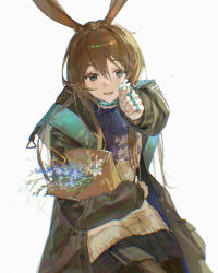 Rule 34 | 1girl, :d, amiya (arknights), animal ears, arknights, black jacket, black pantyhose, black skirt, blue eyes, blue flower, bouquet, brown hair, commentary, english commentary, flower, grey background, hair between eyes, highres, holding, holding flower, jacket, jewelry, long hair, long sleeves, looking at viewer, mmnya 01, hugging object, open clothes, open jacket, open mouth, pantyhose, pleated skirt, puffy long sleeves, puffy sleeves, rabbit ears, ring, shirt, simple background, skirt, smile, solo, very long hair, white flower, white shirt