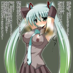 Rule 34 | 1girl, aqua eyes, aqua hair, armpit hair, armpits, arms up, blush, breasts, detached sleeves, female focus, gradient background, hatsune miku, large breasts, necktie, nipples, see-through, skirt, smell, smile, solo, sweat, thighhighs, translation request, twintails, vocaloid