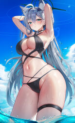 Rule 34 | 1girl, absurdres, animal ear fluff, animal ears, armpits, arms behind head, bikini, black bikini, blue archive, blue eyes, blush, breasts, cowboy shot, cross hair ornament, dark halo, day, extra ears, grey hair, hair between eyes, hair ornament, halo, highres, large breasts, li se, long hair, looking at viewer, mismatched pupils, navel, outdoors, parted lips, shiroko (blue archive), shiroko terror (blue archive), solo, swimsuit, thigh strap, water, wet, wolf ears