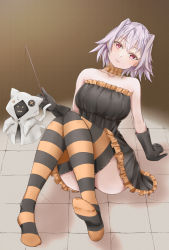 Rule 34 | 1girl, black dress, black gloves, breasts, collarbone, dress, gloves, grey hair, halloween costume, highres, kantai collection, koru pera, large breasts, looking at viewer, official alternate costume, purple eyes, short dress, short hair, sitting, smile, solo, strapless, strapless dress, striped clothes, striped thighhighs, tama (kancolle), thighhighs