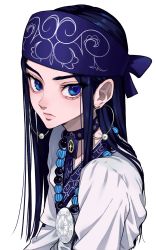 Rule 34 | 1girl, ainu clothes, asirpa, bandana, bead necklace, beads, black hair, blue bandana, blue eyes, choker, earrings, golden kamuy, highres, hoop earrings, jewelry, long hair, looking at viewer, necklace, simple background, solo, upper body, urkt 10, white background