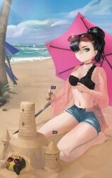 1girl absurdres asymmetrical_bangs beach_umbrella bikini bird black_bikini black_choker black_hair black_nails blue_sky breasts choker cleavage closed_mouth cloud commentary creatures_(company) day denim denim_shorts earrings english_commentary eyewear_on_head game_freak gen_8_pokemon green_eyes hair_bun high_ponytail highres jeredxd jewelry looking_at_viewer marnie_(pokemon) medium_breasts mini_flag morpeko morpeko_(full) navel navel_piercing nintendo outdoors piercing pokemon pokemon_(creature) pokemon_swsh ponytail sand sand_castle sand_sculpture short_shorts shorts sitting sky stomach sunglasses swimsuit thighs tree umbrella wariza