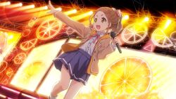 Rule 34 | 1girl, 22/7, 22/7 ongaku no jikan, bow, bowtie, braid, brown eyes, brown hair, brown jacket, concert, cowboy shot, dutch angle, food, fruit, game cg, hair bow, hair ribbon, hand up, high ponytail, highres, holding, holding microphone, hood, hooded jacket, idol, jacket, kono miyako, long sleeves, looking to the side, microphone, official art, open clothes, open jacket, open mouth, orange (fruit), orange jacket, orange slice, outstretched arm, pleated skirt, red bow, red bowtie, ribbon, screen zoom, shirt, skirt, smile, socks, solo, sparkle, stage, stage lights, teeth, upper teeth only, white shirt, white socks