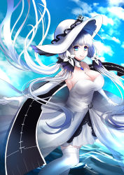 Rule 34 | 1girl, absurdres, azur lane, bare shoulders, blue eyes, blue sky, breasts, cleavage, cloud, cloudy sky, commentary request, day, dress, elbow gloves, flight deck, garter straps, gloves, hat, highres, ichinose rom, illustrious (azur lane), large breasts, long hair, looking at viewer, machinery, mole, mole under eye, ocean, off-shoulder dress, off shoulder, silver hair, sky, smile, solo, sun hat, thighhighs, tri tails, white dress, white gloves, white thighhighs