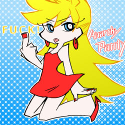 Rule 34 | 10s, :p, blonde hair, blue eyes, dress, earrings, high heels, jewelry, long hair, makeup, middle finger, nail polish, panty &amp; stocking with garterbelt, panty (psg), profanity, red dress, red nails, shoes, tongue, tongue out