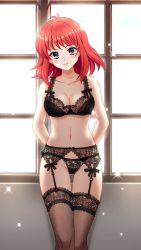 Rule 34 | 1girl, antenna hair, arms behind back, backlighting, black bra, black panties, blue eyes, blush, bra, breasts, cleavage, closed mouth, collarbone, doukyuusei another world, fishnet thighhighs, fishnets, game cg, garter belt, kakyuusei, long hair, looking at viewer, medium breasts, official art, panties, red hair, smile, solo, standing, tachibana mayumi, thigh gap, thighhighs, underwear, underwear only