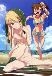 Rule 34 | 10s, 2girls, absurdres, angry, aoyama nanami, arm up, armpits, barefoot, bikini, unworn bikini top, bikini under clothes, blonde hair, blue bikini, blush, breasts, brown hair, building, cleavage, cloud, cutoffs, day, denim, denim shorts, feet, foreshortening, fujii masahiro, hair over one eye, high ponytail, highres, holding, leaning forward, leg lift, long hair, looking at viewer, medium breasts, mountain, multiple girls, navel, non-web source, nude filter, object on head, ocean, on ground, open fly, orange eyes, outdoors, outstretched arm, ponytail, running, sakura-sou no pet na kanojo, sand, scan, seaweed, shiina mashiro, short shorts, shorts, side-tie bikini bottom, sideboob, sidelocks, sitting, sky, soaking feet, soles, string bikini, swimsuit, swimsuit under clothes, third-party edit, toes, topfreedom, topless, unbuttoned, underboob, unzipped, water, wet, wet hair, yellow eyes